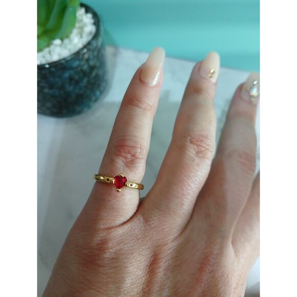 Explosion of Love Ring 14k Gold Plated "You & Me" Engraved Heart-Cut Red Crystal - Picture 6 of 13
